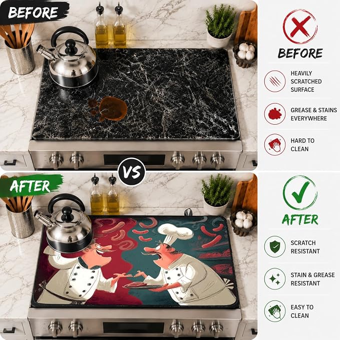 Electric Stove Top Cover for Glass Top, Funny Chef Pizza Decor – Heat Resistant Flat Stove Top Covers, Decorative Scratch Protector Mat for Glass Ceramic Cooktop, Non-Slip, 28"x20"