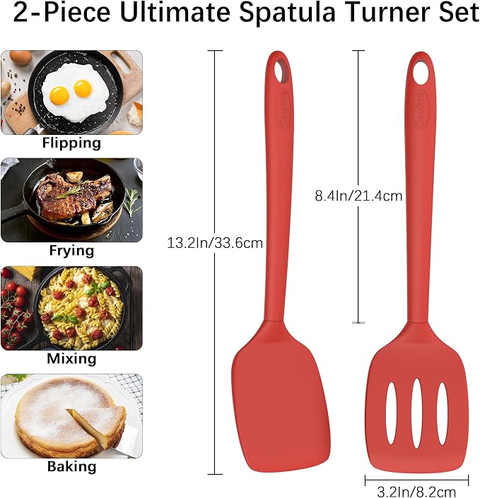 Coukre 2 Pack Silicone Spatula Set,High Heat Resistant, BPA-Free | Dishwasher Safe Kitchen Spatula for Nonstick Pans, Solid & Slotted Turners for Cooking, Sautéing, and Flipping, PureRed