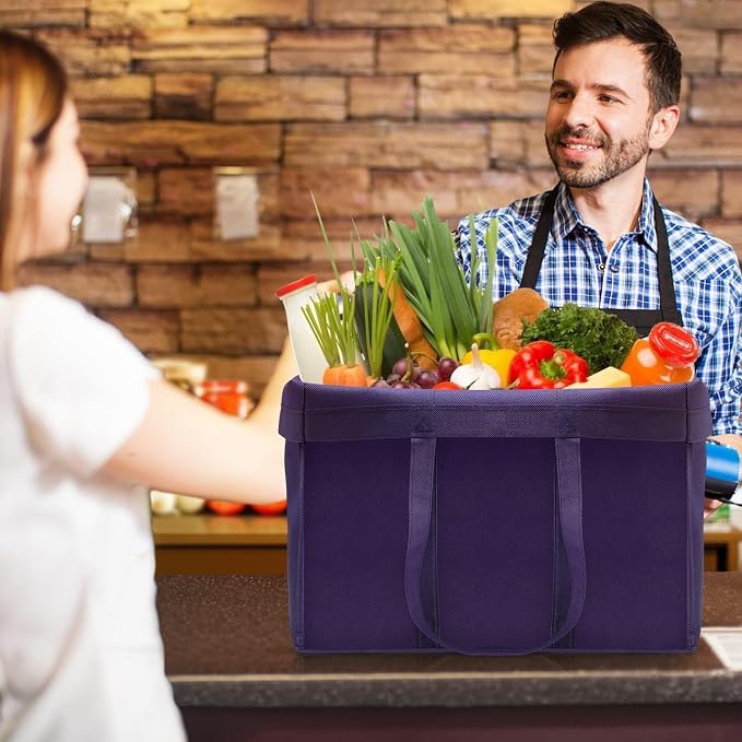 Reusable Grocery Shopping Bags 10 Pack Large Foldable Tote Bags Bulk | Eco Produce Bags with Long Handle for Shopping Groceries Clothes (Purple)