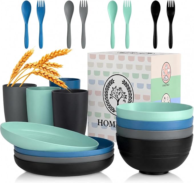 Unbreakable Plates and Bowls Sets 20 PCS Wheat Straw Dinnerware Sets Microwave & Dishwasher Safe Plate Set Kids Plastic Plates Camping Dish Set, Salad, Hamburger, Pizza-Nightscape
