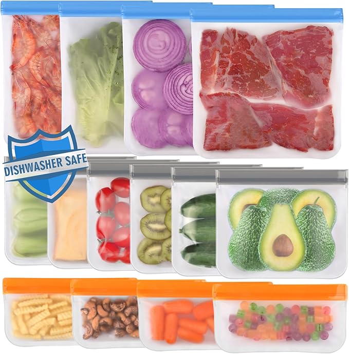 Lerine 14 Pack Reusable Freezer Bags Dishwasher Safe, Food Storage Bags | BPA-Free, Food-Grade Material, Leakproof, Extra Thick, Double-Seal, for Marinating Meats, Lunch, Sandwich, Snack, Travel