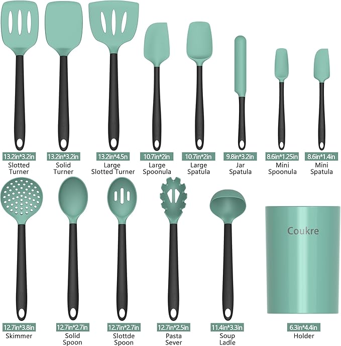 Coukre Silicone Kitchen Cooking Utensils Set, Heat Resistant, 14-Piece | Dishwasher-Safe, Food-Grade Silicone, BPA-Free, Spatulas, Spoons & Turner, Safe for Nonstick Cookware, AquaGreen