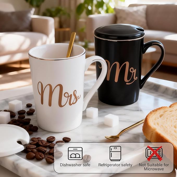 Mr and Mrs Mugs Set Printed with Gold, Wedding Engagement Gifts for Couples
