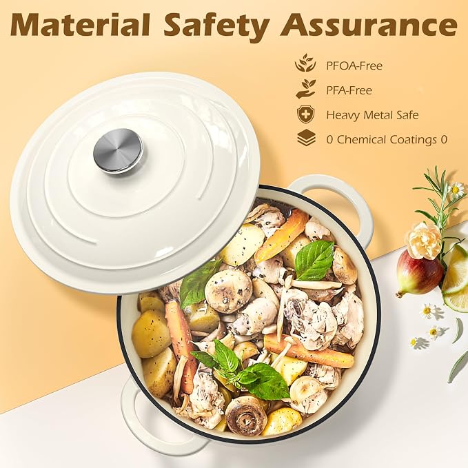 Enameled Cast Iron Dutch Oven - Umite Chef 5QT Pot with Lid & Cotton Potholders - Heavy-Duty Cookware for Bread Baking, Braising, Stews, Roasting(Cream White)