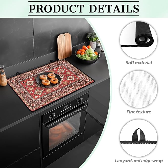 Vintage Red Boho Floral Stove Top Covers for Electric Stove, Bohemia Ethnic Style Glass Stovetop Cover with Lanyard Rug Carpet Pattern Countertop Protector Mat for Kitchen 28 x 20 Inch