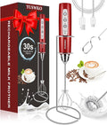 YUSWKO Handheld Milk Frother Wand for Coffee, Rechargeable Electric Whisk with 3 Heads 3 Speeds Drink Mixer Coffee Frother For Latte, Cappuccino, Hot Chocolate, Egg, Red with Holder