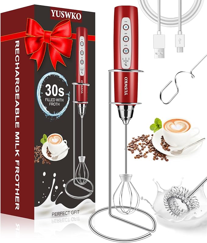 YUSWKO Handheld Milk Frother Wand for Coffee, Rechargeable Electric Whisk with 3 Heads 3 Speeds Drink Mixer Coffee Frother For Latte, Cappuccino, Hot Chocolate, Egg, Red with Holder