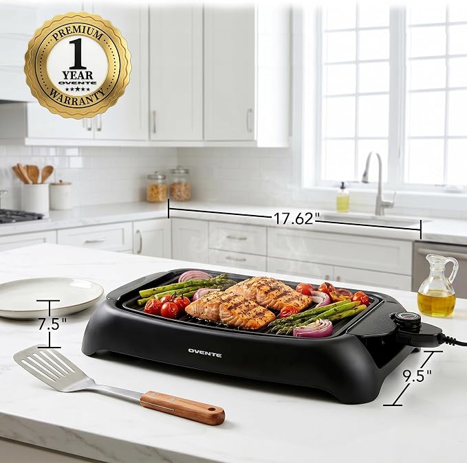 OVENTE Electric Indoor Grill, 13x10 Inch Non-Stick Plate, Black GD1632NLB | 1000W Fast Heat Up Power, Adjustable Temperature, Removable and Dishwasher Safe Grilling Plate and Drip Tray