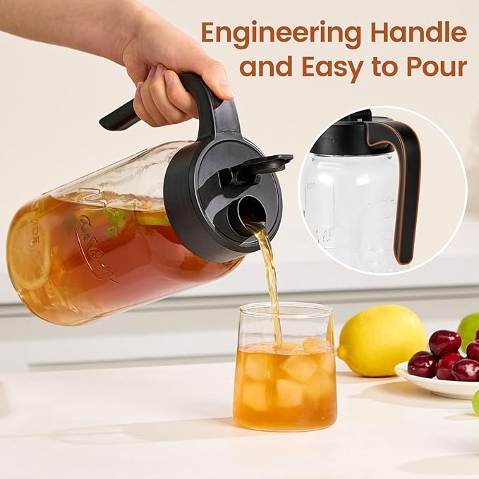 Mason Jar Pitcher with Tea Filter, 64 oz Glass Pitcher with Lid | Airtight, Leakproof, Pour Spout Lid, Ergonomic Handle, Fridge Safe, for Outside, Sun Tea, Lemonade, iced Tea