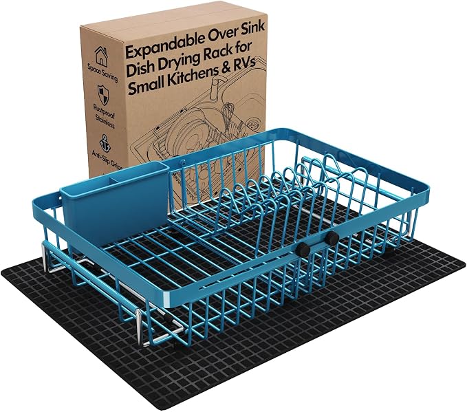 Blue Dish Drying Rack Over The Sink with Utensil Holder, Mat | Expandable Stainless Steel Dish Drainer for Small Kitchen, Apartment, RV, Counter Space Saving, Perfect Fit, Rustproof