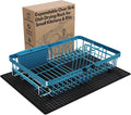 Blue Dish Drying Rack Over The Sink with Utensil Holder, Mat | Expandable Stainless Steel Dish Drainer for Small Kitchen, Apartment, RV, Counter Space Saving, Perfect Fit, Rustproof