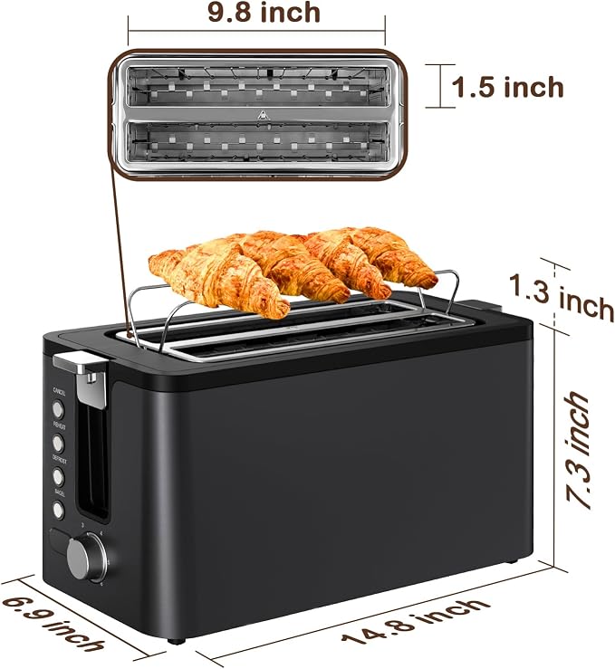 Mecity 4 Slice Toaster, Long Slot Toaster with Timer, Bagel, Defrost, Reheat, Cancel Functions, Warming Rack, Removable Tray, 6 Browning Settings, Extra Wide Slots, Stainless Steel, 1300W