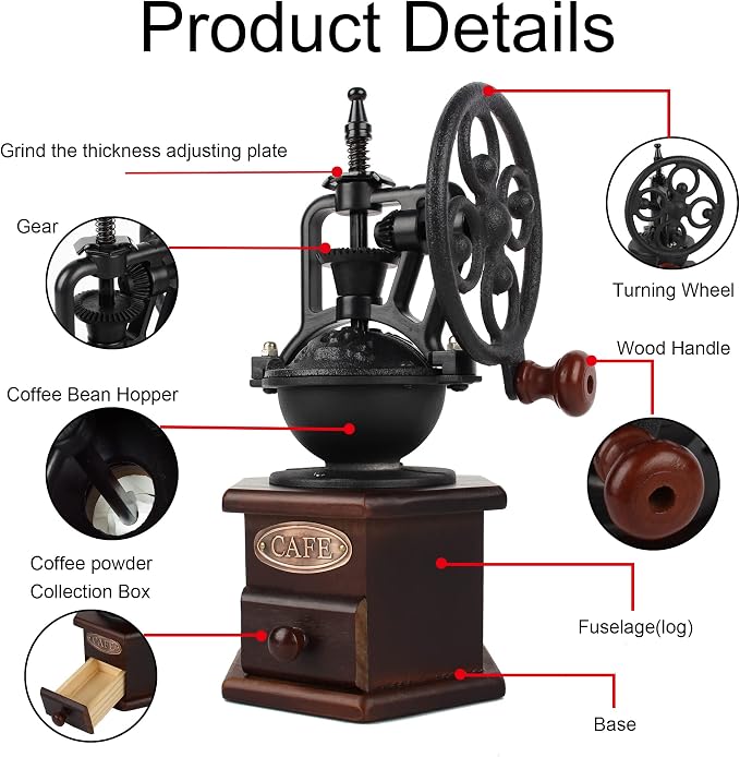 Coffee Grinder, Wooden Manual, Brown, Six Deformation Base | Cast Iron Hand Crank, Antique Coffee Mill, Roller Design, For Mesh Coffee, Decoration & Gift