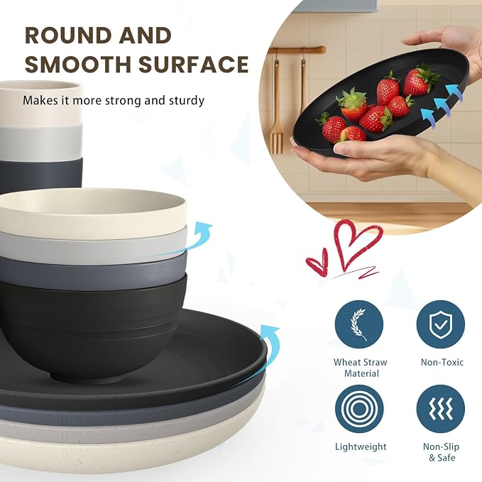 Unbreakable Wheat Straw Dinnerware Sets, Plastic Plates and Bowls Sets Alternative 20 PCS, Microwave & Dishwasher Safe Dish Set for Kitchen, Camping, Kids, Apartment, Lightweight(Grey Stone)