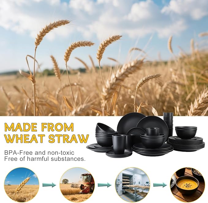 PYRMONT 40 PCS Plates and Bowls Set Wheat Straw Plate Bowl Set Unbreakable Dishes Set for 8 Dishwasher & Microwave Safe Dinner Sets for Kitchen,New House,Dorm-Black