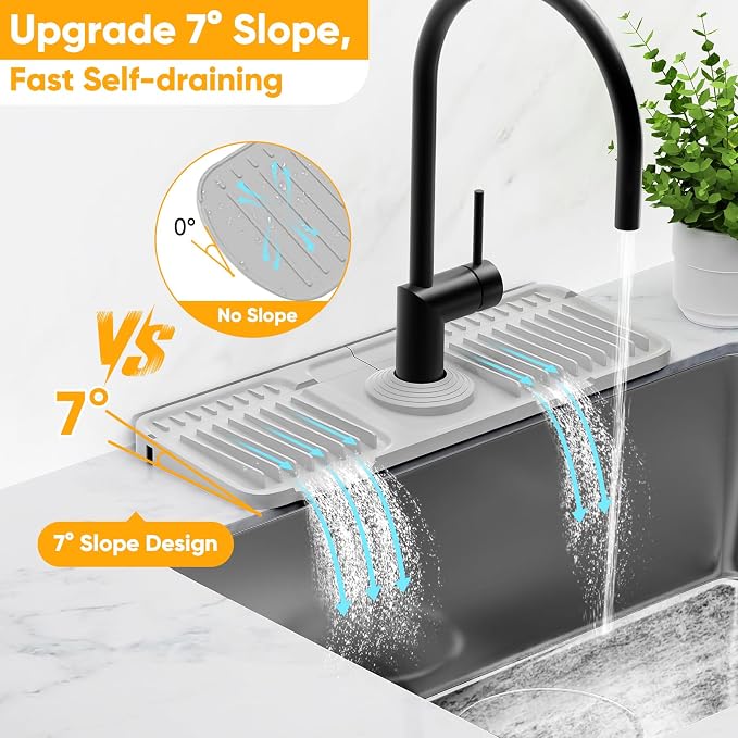 14.6 inch Faucet Mat for Kitchen Sink Splash Guard[7° Slope Fast Self-draining][Snap Lock Fit]Kitchen Sink Faucet Mat Splash Guard Kitchen Sink Area Water Splash Guard Behind Faucet Draining Mat