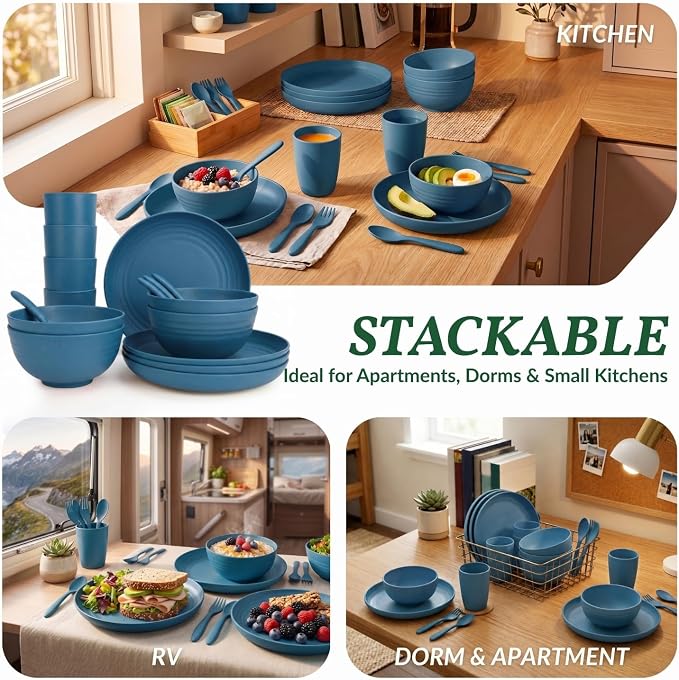 Wheat Straw Dinnerware Sets, Homienly 20pcs Unbreakable Microwave Dishwasher Safe Tableware Lightweight Bowls, Cups, Plates Set Reusable Dinner Plates Bowls set (Blue)