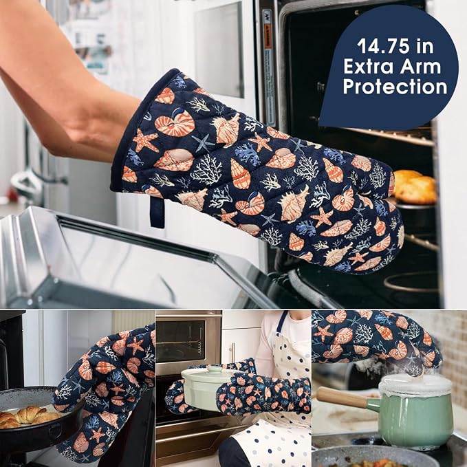 Oven Mitts Cotton Fashion Cute Cowry Design 1 Pair | Heat Resistant Oven Gloves Safe Cooking Baking Grilling Barbecue Machine Washable Pot holders Christmas Gift (Cowry)