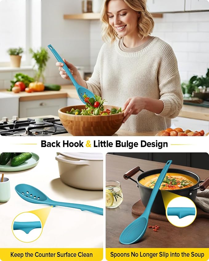 Pack of 2 Silicone Cooking Spoons, Non Stick Solid Kitchen Spoon with Measuring Marks & Back Hooks, Heat Resistant Silicone Slotted Spoon for Cooking, Mixing, Stirring,Serving (BLUE)