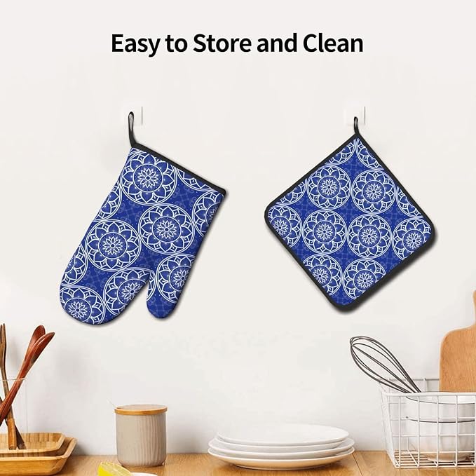 Chinoiserie Blue and White Floral Oven Mitts and Pot Holders Sets of 3, Heat Resistant Non-Slip Boho Kitchen Gloves for Baking Cooking Grilling, Navy Blue Hot Pads for Kitchen Decor, Gifts for Women