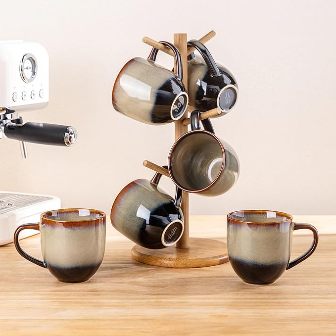 theterra Ceramic Coffee Mugs Set of 6, 12 oz Coffee Cups with Handle | Handmade, Suitable for Latte, Tea, Milk, Beer & Hot Cocoa, Mocha Brown