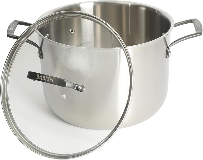 Babish 8 Quart Tri-Ply Stainless Steel Stock Pot with Glass Lid & Black Handles – Dutch Oven, Oven Safe, Dishwasher Safe