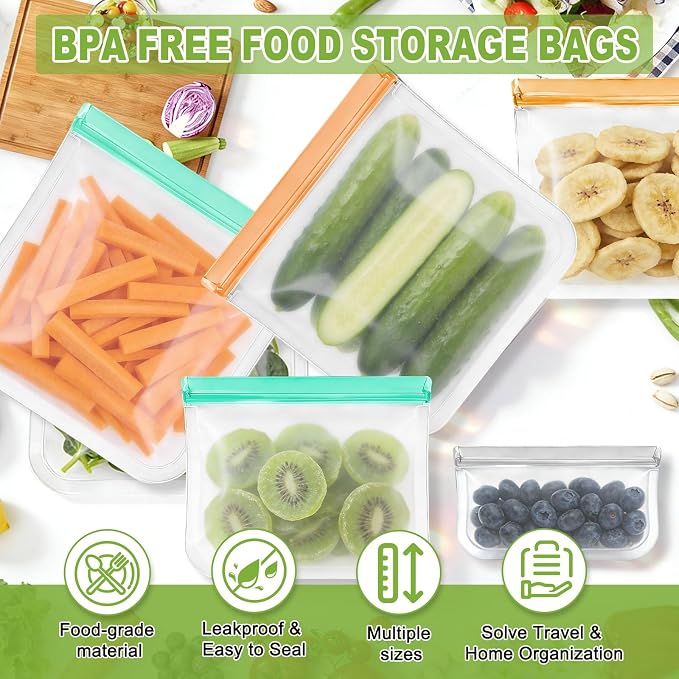 12 Pack Silicone Bags for Food Storage,Freezer & Dishwasher Safe,Leakproof Food Storage Bags,Reusable Freezer Ziploc Bags,Sandwich Snack Baggies-4 Gallon 4 Snack 4 Sandwich Bags,3 Colors