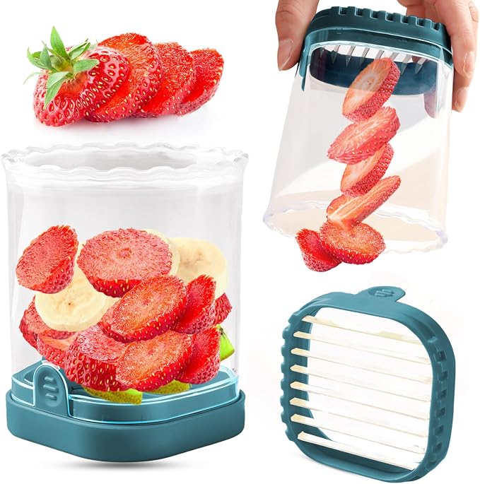 Creative Strawberry Slicer, Detachable Cutter with Push Plate (Teal)