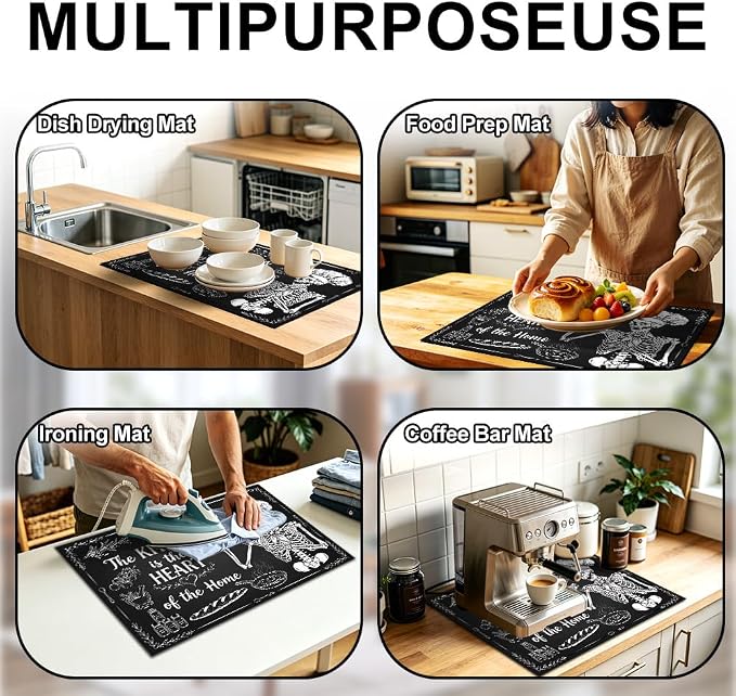 Skeleton Stove Top Cover for Electric Stove, 28x20 In, Glass Mat | Non-slip washable cooktop protector; doubles as dish drying mat, counter, food prep, ironing pad; gothic skull kitchen decor