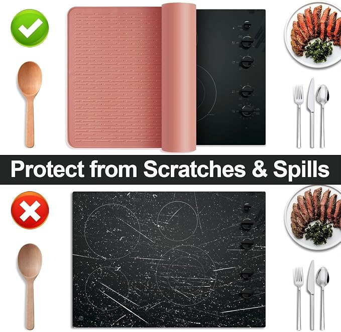 Stove Top Cover for Electric Stove- Range Covers for Electric Stove,Silicone XXL Dish Drying Mat, Glass Cooktop Covers, Flat RV Range top Mats (Rosy, 28"x20")