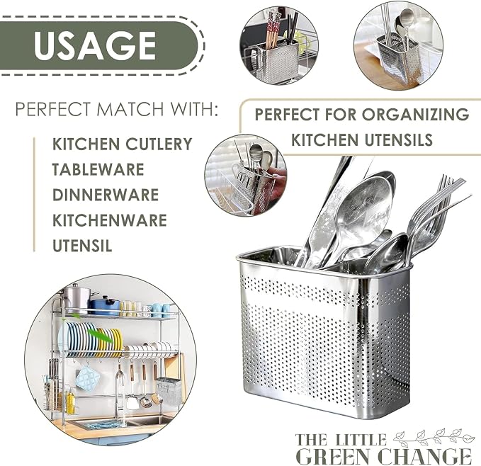 Kitchen Utensils Chopsticks Holder Drying Rack Basket with Hooks 2 Divided Compartments Quality Stainless Steel Large L5.4 X H4.3 X W2.6