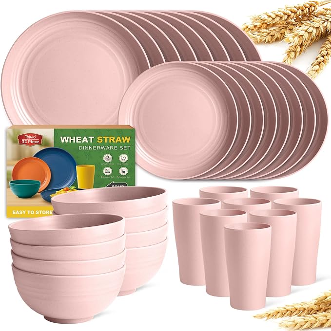 Teivio 32-Piece Plates and Bowls Sets for 8, Pink Kitchen Dinnerware Sets | 13.5oz Cups, Plastic Wheat Straw Unbreakable Dish Set, Dishwasher Safe, for Outdoor Camping RV Apartment Essentials Plate Set