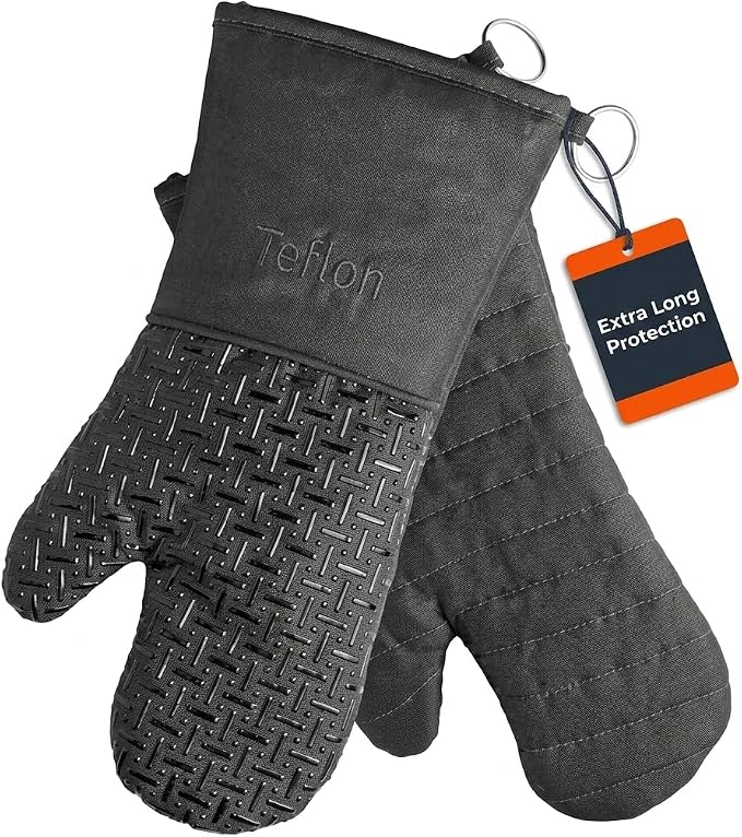 Xlnt Extra Long Oven Mitts (Black) | Teflon EcoElite Water Repellent | Heat Resistant for Oven Cooking, Grill & BBQ | Non Slip Gloves with Teflon EcoElite Finish, Cotton Lining & Hanging Loop