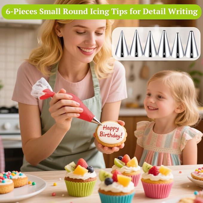 Suuker Round Piping Tips Set, 6-Piece Cake Decorating Tips | 6 Small Round Icing Tips for Lettering, Dots, Borders and Detailed Cake, Cupcake and Cookie Decorating