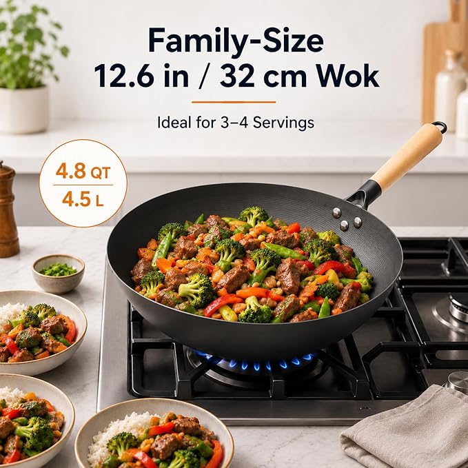 12.6" Carbon Steel Wok Pan, Flat Bottom Stir Fry Wok with Spiral Thread Interior, Coating‑Free Naturally Seasoning Wok, Compatible with Gas, Electric & Induction Cooktops