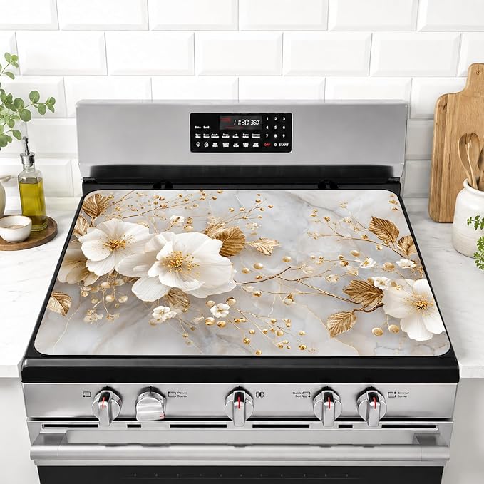 Marble Glass Stove Top Cover 28x20 Inch Decorative Stove Cover | Heat Resistant Cooktop Protector Mat with Non-Slip Backing, Scratch Protection and Countertop Drying Mat.