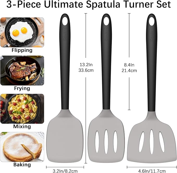 Coukre 3 Pack Silicone Spatula Set, Heat Resistant to 500°F, BPA-Free | Fish Spatula, Solid & Slotted Turners, Dishwasher Safe, Spatula Set for Eggs, Pancakes, Fish & Burgers, GrayBlack