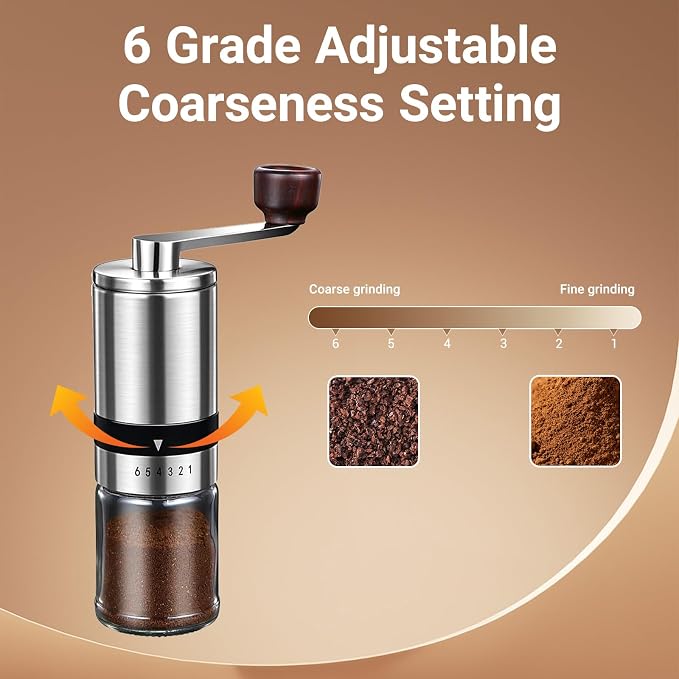 Ceramic Burr Manual Coffee Grinder with 6 Adjustable Coarseness Settings | For Espresso Beans French Press Pour Over Drip, Stainless Steel Hand Crank Coffee Mill for Home Use Office Travel Camping