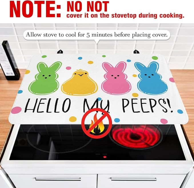 Happy Easter Glass Stove Top Covers for Electric Stove,Hello My Peeps Rabbit Bunny Chick Polka Dots Heat Resistant Cooktop Protector Non-Slip Washable Dish Drying Mat Rug Pad for Kitchen Decor 28"x20"