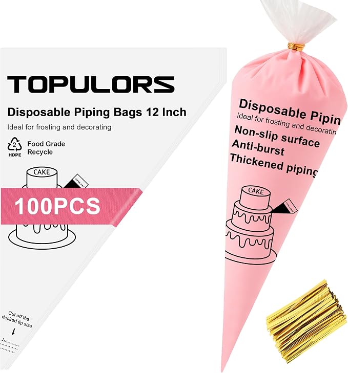 TOPULORS Disposable Piping Bags, 12"H 14" Full Size, 100PCS Pastry Bags | With Twist Ties, Extra Thick Tear Resistant Non-Slip Tipless Icing Bag, Easy Squeeze for Cake Cookie Frosting Decoration