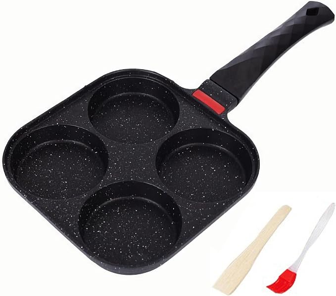 4-Cup Nonstick Egg Frying Pan Gas & Induction Omelette Skillet | Black 4-hole non stick egg pan with 1 spatula and 1 brush. Perfect for morning pancakes, bacon, and quick breakfast.