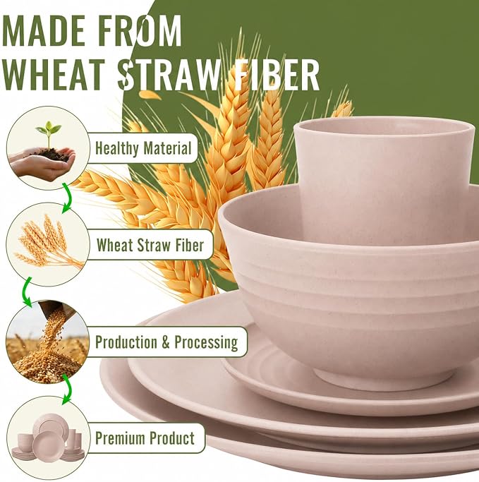 Wheat Straw Dinnerware Sets for 8, 40 Piece Unbreakable Dinnerware Set, Plates and Bowls Sets, Kitchen Plates and Bowls Set, Lightweight Dish Set for Travel Camping Party Outdoor Use - Muted Pink