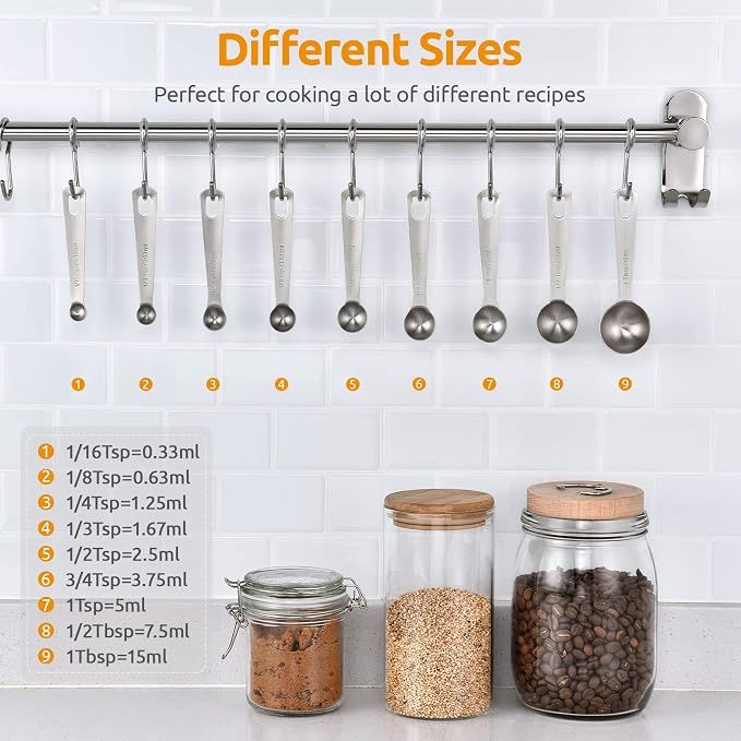 Measuring Spoons: U-Taste 18/8 Stainless Steel Measuring Spoons Set of 9 Piece: 1/16 TSP, 1/8 TSP, 1/4 TSP, 1/3 TSP, 1/2 TSP, 3/4 TSP, 1 TSP, 1/2 tbsp & 1 tbsp Dry and Liquid Ingredients | Kitchen Metal Measure Set, 1/16tsp, 1/8tsp, 1/4tsp, 1/3tsp, 1/2...