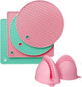 Pot Holders with Silicone Oven Gloves Pair, Non-Slip Heat Resistant Flexible Silicone Trivets, Oven Mitts and Trivets for Kitchen, Spoon Holder, Jar Opener, Green & Pink