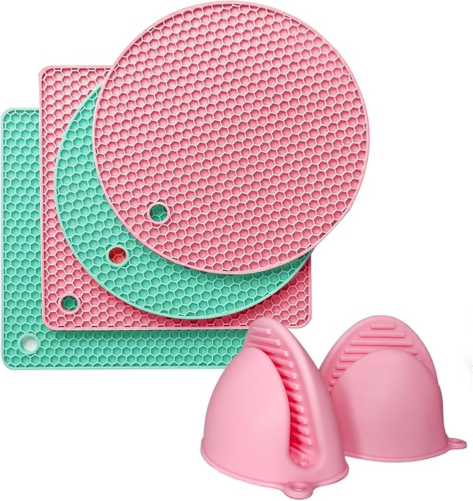Pot Holders with Silicone Oven Gloves Pair, Non-Slip Heat Resistant Flexible Silicone Trivets, Oven Mitts and Trivets for Kitchen, Spoon Holder, Jar Opener, Green & Pink