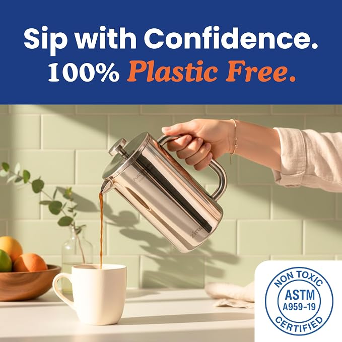 Ziruma Non-Toxic Stainless Steel French Press, No Plastic or Heavy Metals, 34 oz (Pack of 2)
