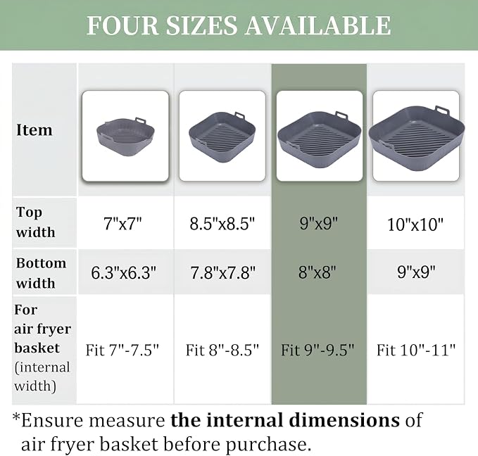Golden Associate Silicone Liners Square for Air Fryer, 4 Pcs Non-stick Food-grade Reusable Basket Silicone Pot Baking Tray Airfryer Accessories, Top Size 9 inches, Bottom Size 8 inches