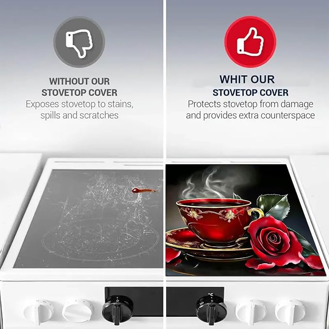 HOMETITUTE Red Rose Tea Cup Stove Top Cover 28x20 Romantic Mat