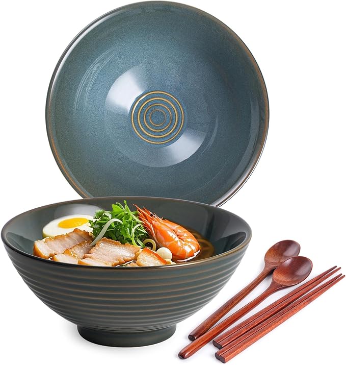 Ceramic Japanese Ramen Bowl Set, 2 Sets Asian Pho Udon Soup Noodle Bowls with Spoons and Chopsticks (Olive Green, 8 inches)