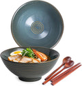 Ceramic Japanese Ramen Bowl Set, 2 Sets Asian Pho Udon Soup Noodle Bowls with Spoons and Chopsticks (Olive Green, 8 inches)